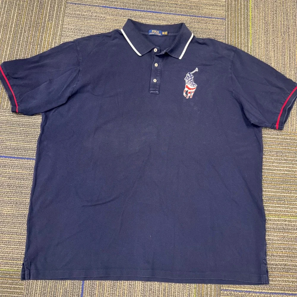 Polo Ralph Lauren Polo Shirt Mens 4XLT Navy Blue EUC Big Pony USA Flag Logo